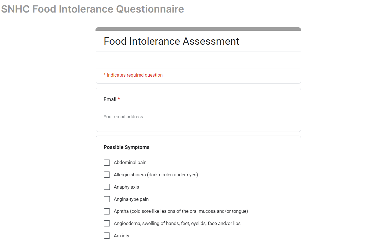 SNHC Food Intolerance Questionnaire