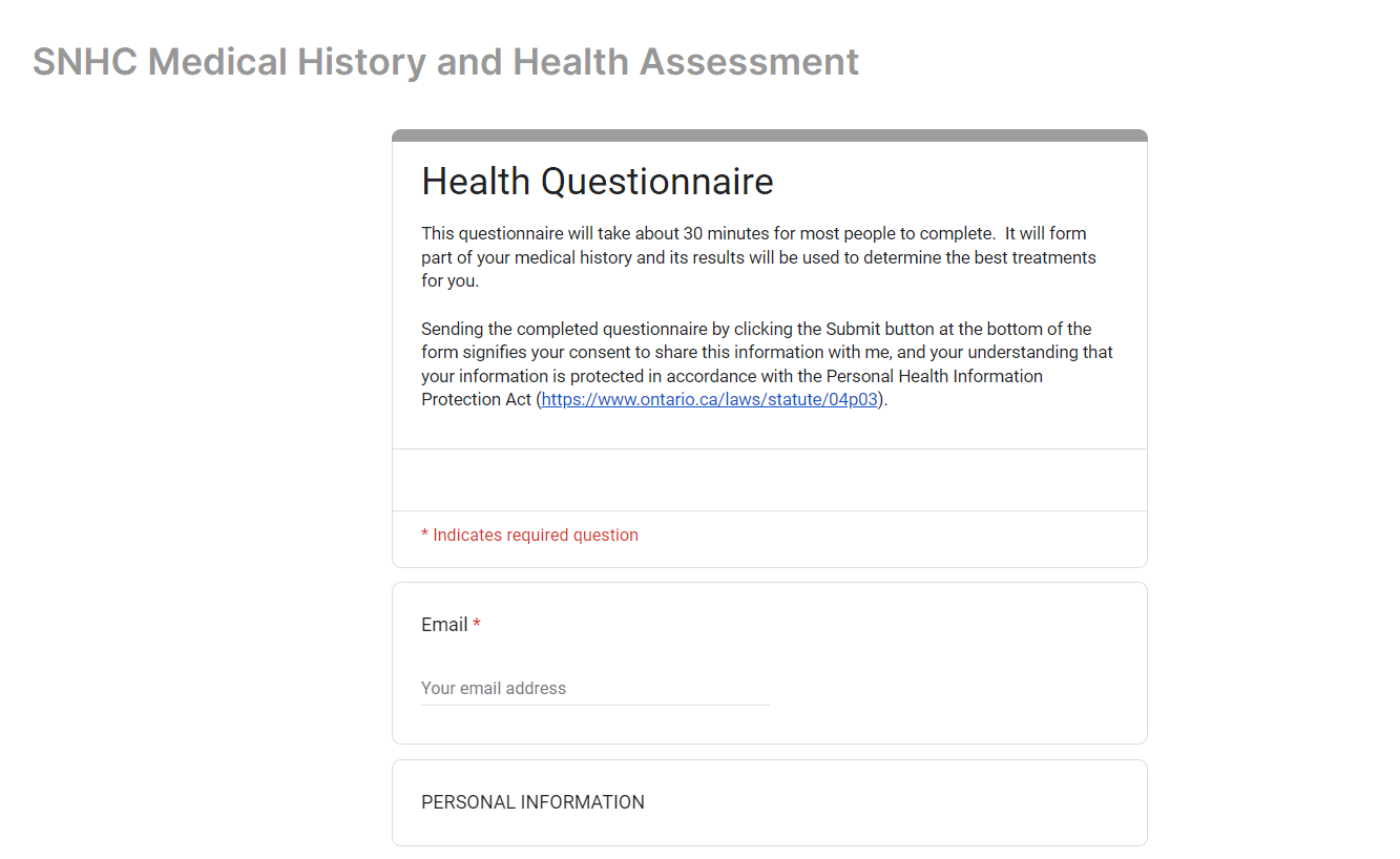 SNHC Medical History and Health Assessment